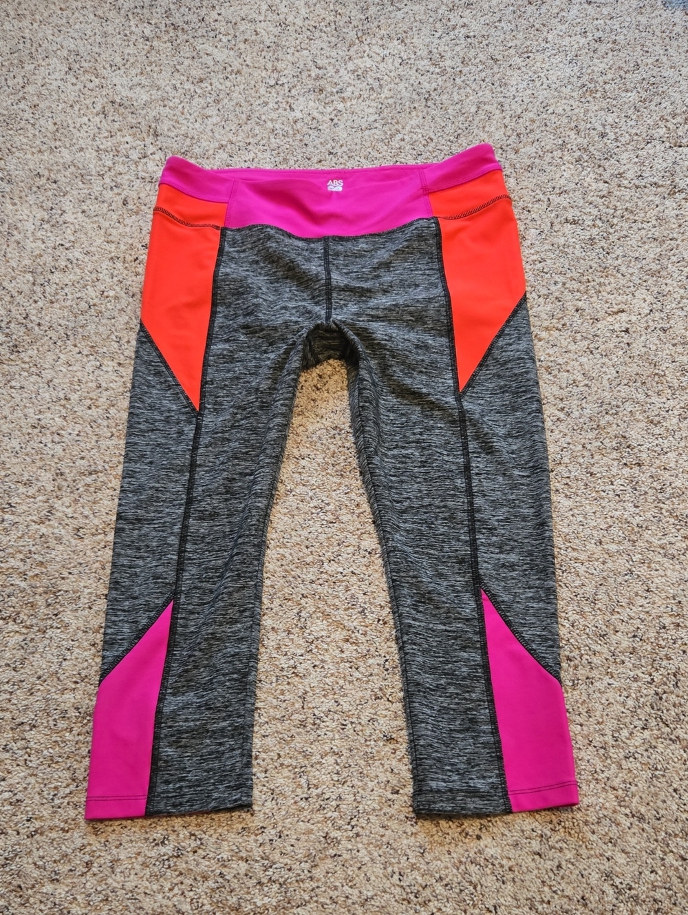 ABS Womens Performance Leggings in Gray with Pink & Orange Panels XL